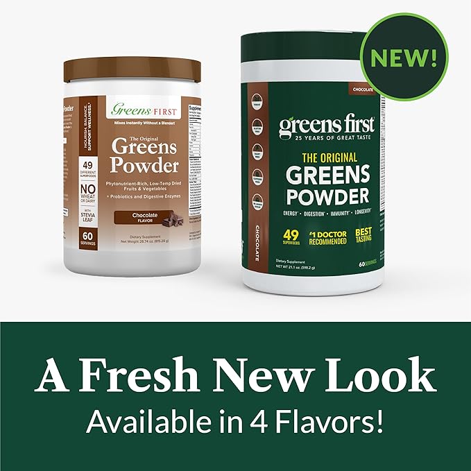 Greens First Original Greens Powder - 49 Superfoods - Organic Fruits &amp Veggies - Prebiotics Probiotics Digestive Enzymes - Antioxidant Smoothie - Dairy Free Vegan Non-GMO (Chocolate 60 Servin
