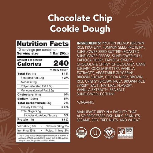 Aloha Organic Plant Based Protein Bars Chocolate Chip Cookie Dough 1.98 Oz(Pack of 12)