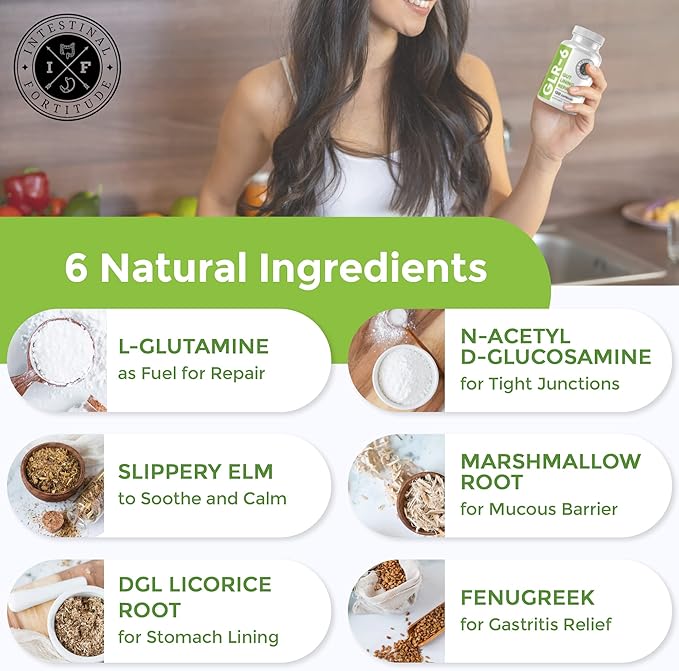 Intestinal Fortitude GLR-6 - Gut Lining Repair Supplement for Gut Health - Leaky Gut Repair with L-Glutamine Slippery Elm DGL Licorice Root Marshmallow Root Fenugreek - IBS IBD GERD - Vegan