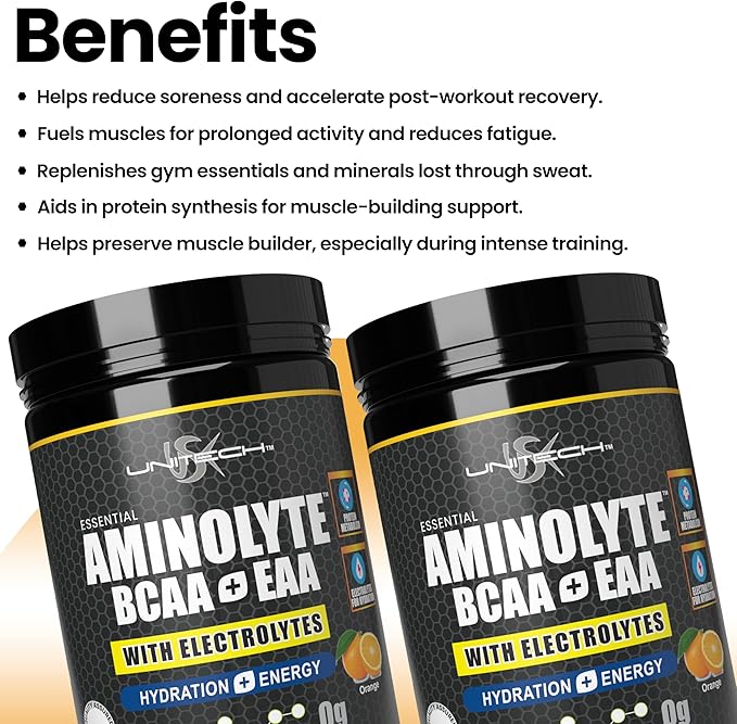 USK Unitech AminoLyte BCAA + EAA &amp Electrolytes Powder | Rich with Essential Amino Acids | Muscle Recovery &amp Hydration | Endurance &amp Performance Support | Dietary Supplement | Orange Flavo