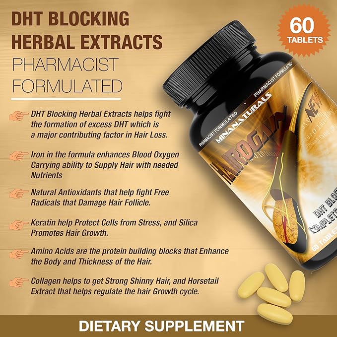 HAIROGAIN DHT Blocker. Support Hair Growth. 10000 mcg Biotin Collagen &amp Hair Vitamins Added. Help Decrease Hair Loss and Baldness. 60 Tablets