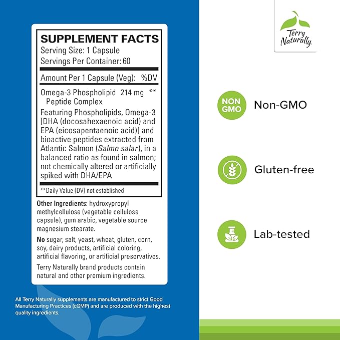 Terry Naturally Vectomega - 214 mg Omega-3 60 Capsules - Fatty Acid &amp Phospholipid Peptide Complex from Salmon Supports Heart &amp Brain Health - Non-GMO Gluten-Free - 60 Servings