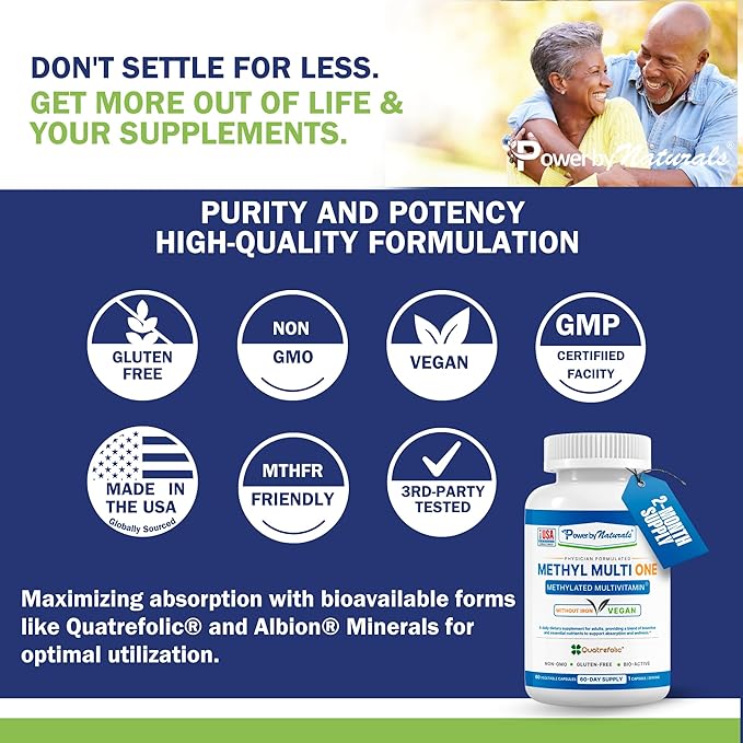 Power By Naturals Methyl Multi One - Iron-Free Methylated Multivitamin with Quatrefolic 5-MTHF Active B12 P5P CoQ10 &amp Zinc for MTHFR Support - Energy &amp Focus Formula - 60 Capsules (2-Month