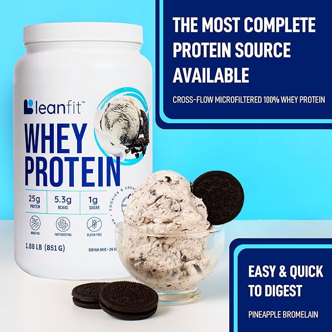 LeanFit WHEY Protein Cookies &amp Cream - 100% Whey Protein Powder 25g Protein Per Serving - Grass-Fed Gluten-Free BCAAs Amino Acid - 26 Servings 1.88 lb Tub