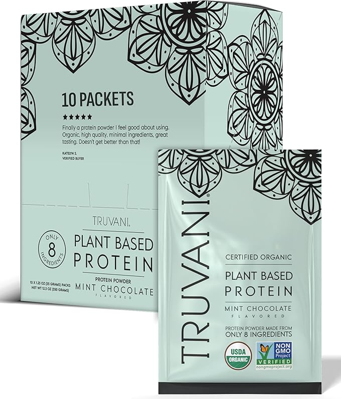Truvani Vegan Pea Protein Powder | Mint Chocolate | 20g Organic Plant Based Protein | Single Serving Travel Packets | 10 Servings | Keto | Gluten &amp Dairy Free | Low Carb | No Added Sugar