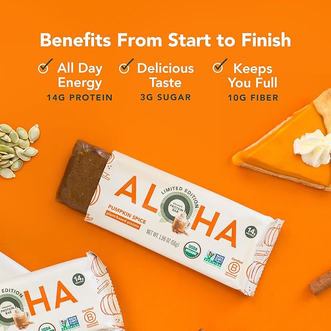 ALOHA Organic Plant Based Protein Bars - Pumpkin Spice Vegan Low Sugar Gluten-Free Low Carb Non-GMO No Stevia No Erythritol - LIMITED EDITION 12 Count (Pack of 1)