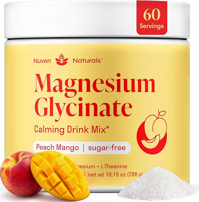 Magnesium Glycinate Powder + L-Theanine | 60 Servings | 300 mg per Scoop High Absorption Chelated Magnesium Powder for Sleep - Peach Mango Flavor No Sugar Support Restful Sleep &amp Relaxation