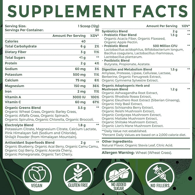 Super Greens Powder Superfood + Electrolytes &amp Tonic Herbs | Organic Greens Shilajit Adaptogens Antioxidants Preobiotic &amp Probiotic &amp Postbiotic| for Energy Gut &amp Immune| Unflavor