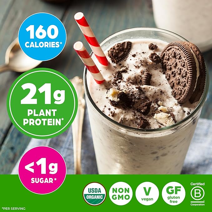 Orgain Organic Vegan Protein Powder Cookies &amp Cream - 21g Plant Based Protein 7g Prebiotic Fiber Low Net Carb No Lactose Ingredients No Added Sugar Non-GMO For Shakes &amp Smoothies 2.03