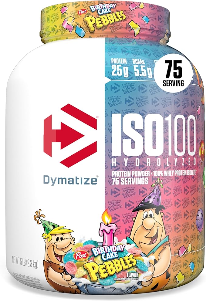 Dymatize ISO100 Whey Protein Powder Isolate Birthday Cake 25g of Protein 5 Pound 5.5g BCAAs Less Than 120 Cal. Gluten Free 1g Fat 1g Sugar 2g Carb (75 Servings)