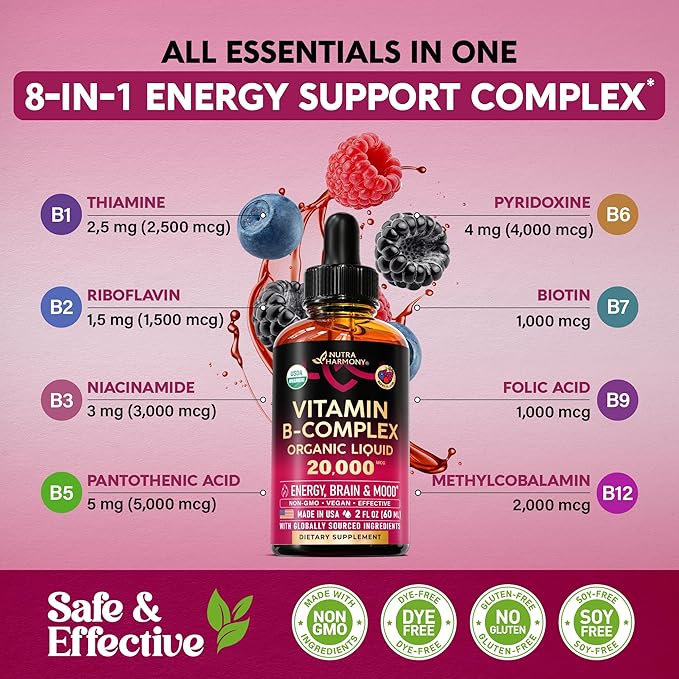 USDA Organic Vitamin B-Complex B5 Pantothenic Acid | B12 Methylcobalamin | B1 Thiamine | B6 Pyridoxine | B7 Biotin | B9 Folic | B3 Niacinamide - B Complex Liquid Drops Made in USA Supplement 2fl oz