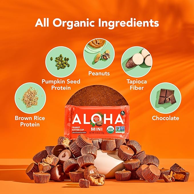 ALOHA Organic Plant Based Protein Bar MINIS |Peanut Butter Cup | 20 Count 24g Bars | Vegan Low Sugar Gluten Free Low Carb Non-GMO Stevia Free Soy Free No Sugar Alcohols