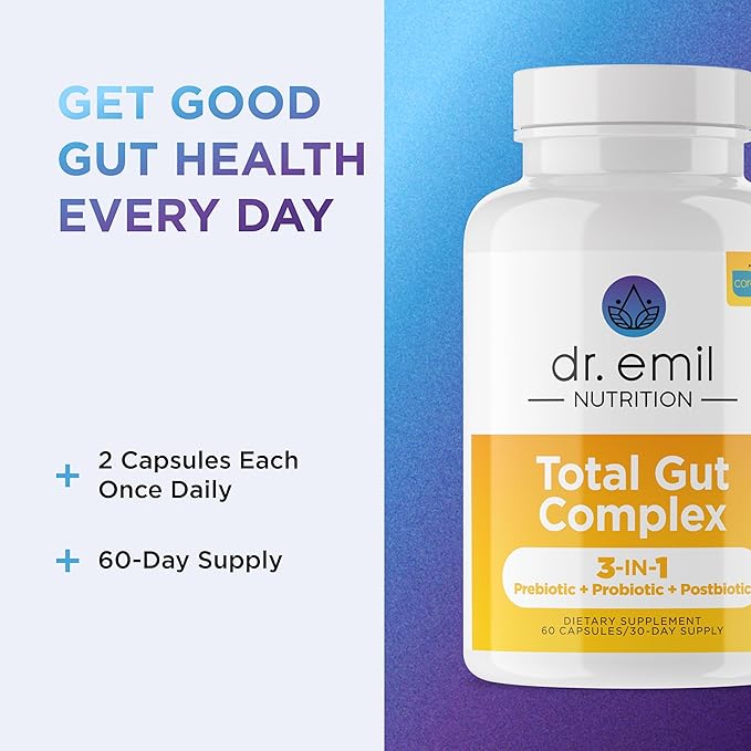 DR. EMIL NUTRITION Total Gut Health Complex - Prebiotic + Probiotic + Postbiotic Gut Health Supplements for Women and Men - Probiotics for Digestive Health &amp Gut Health 120 Capsules