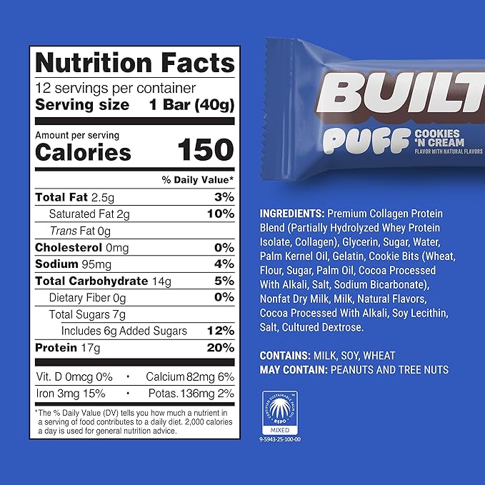 BUILT Bar Puff Protein Bars - Cookies 'N Cream - 17g Protein Snack Bars with Collagen - Calorie Conscious No Gluten Free - 12 Count