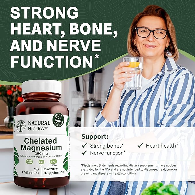 Natural Nutra Chelated Magnesium Oxide 250 mg - High Absorption for Strong Bones Heart Health Energy Boost Gluten-Free Non-GMO 90 Tablets (3 Pack) in BPA-Free Recyclable Glass Bottles
