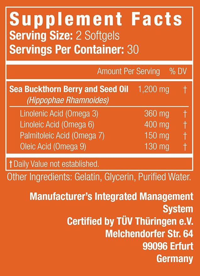 Nattura Complete Omega 3-6-7-9 Pure Sea Buckthorn Oil European Quality from Unrefined Cold Pressed Whole Sea Buckthorn Wild Berries - 1200mg - 2 Bottles