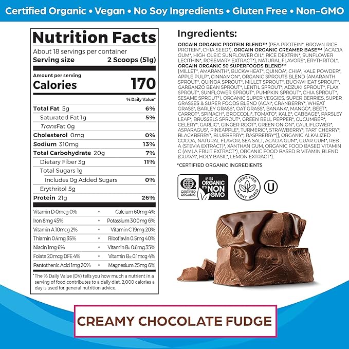 Orgain Organic Protein + Superfoods Powder Creamy Chocolate Fudge (2.02 Lb) and Orgain Organic Vegan Protein Powder Peanut Butter (2.03 Lb)