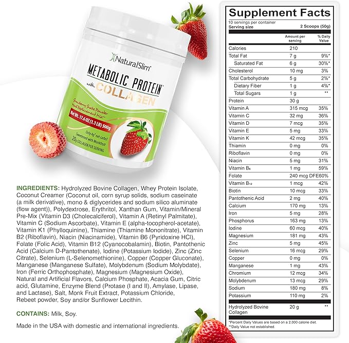 NaturalSlim Metabolic Protein Powder with Collagen whey protein powder shake Hydrolyzed Collagen with L-Glutamine for Metabolic Support Digestion Skin Joints &amp Muscle Low Carb 17.06oz Strawb