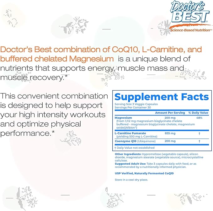 Doctor's Best Coq10/l-Carnitine/Magnesium Unique Blend Supports Energy Muscle Mass &amp Muscle Recovery Veggie Caps 90Count