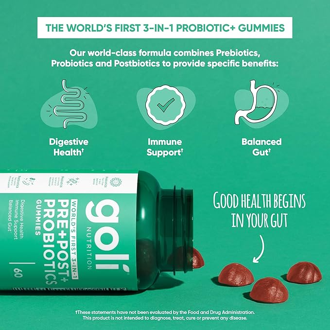 Goli Nutritional Supplement Pre+Post+Probiotics Gummy - 180 Count - World's First 3-in-1 Gluten-Free Vegan Non-GMO and Gelatin-Free.