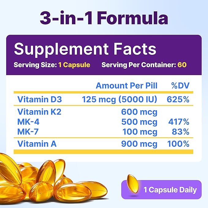 InnovixLabs Vitamin D3 K2-5000 IU Vitamin D3 Plus 600 mcg Vitamin K2 MK4 and MK7 for Max Calcium Absorption Supports Bone Immune Heart Health 3rd Party Tested Gluten Free 60 Softgels (Pack of 2)