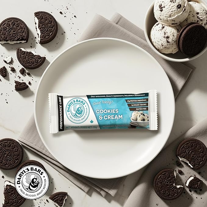 Daryl's Bars Cookies &amp Cream On the Go Snack On the Go Whey Protein Bars Gluten Free 20gr of Protein Snack Meal Replacement Pack of 1