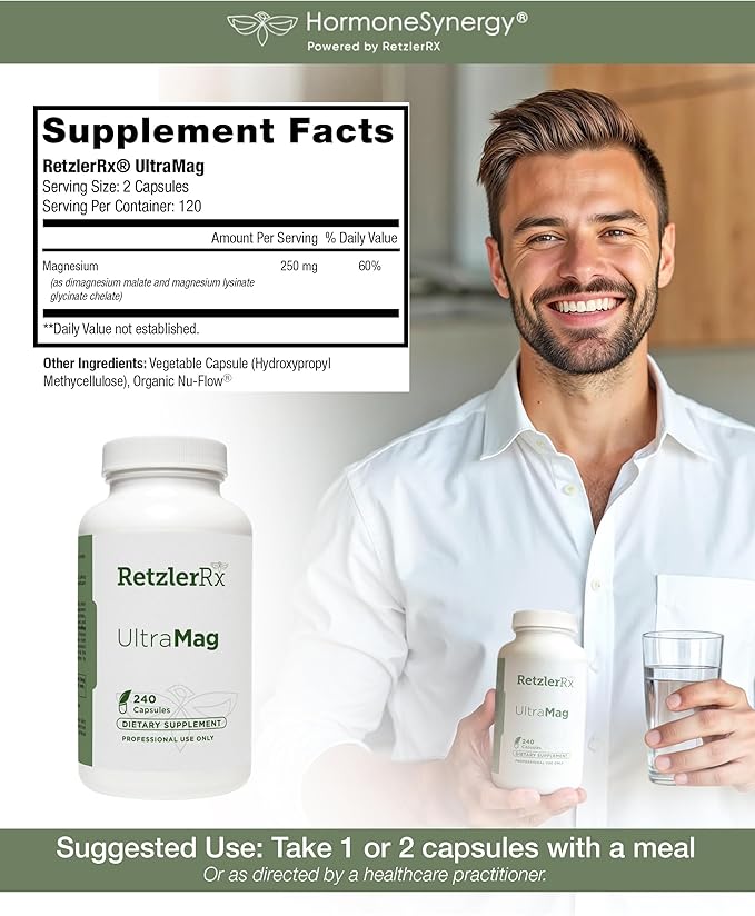 RetzlerRx UltraMag 125 Magnesium Glycinate Supplement - 240 Capsules with Patented TRAACS for Enhanced Absorption - Supports Cardiovascular Health Muscle Function Bone Health &amp Strength