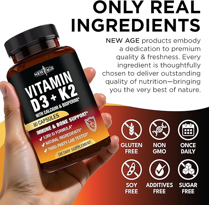NEW AGE Vitamin D3 5000 IU + K2 MK-7 100 mcg - 2-in-1 Bone Immune &amp Heart Support Easy to Swallow Non-GMO - 120 Capsules