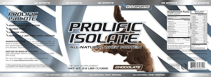 G6 Sports Nutrition Prolific Isolate All Natural Whey Protein Isolate (Gluten Free Lactose Free Stevia Sweetened 25g Protein 100 Calories) – 2.5lb Jar – Chocolate