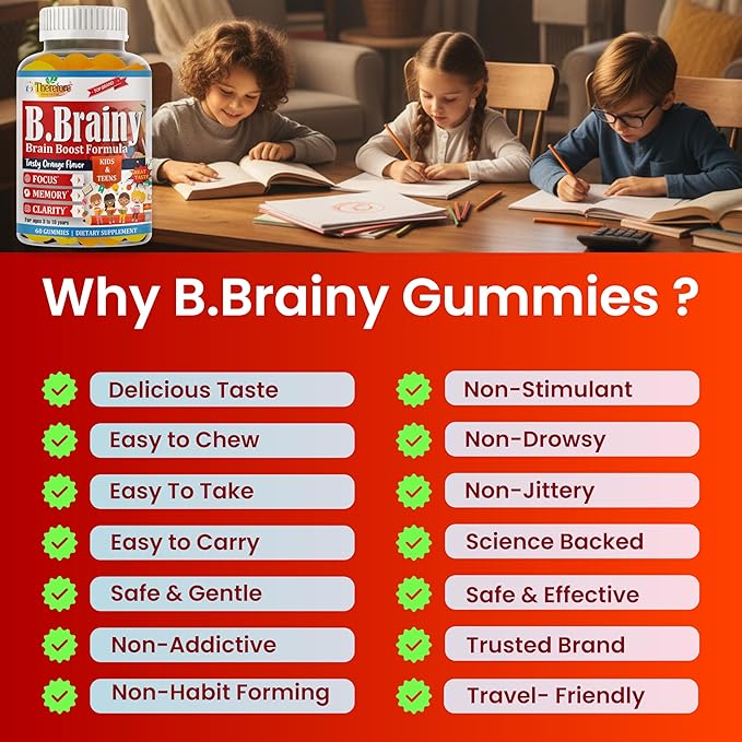 B.Brainy Focus Gummies for Kids &amp Teens Kids Focus and Attention Supplements Brain Focus Vitamins Vegan Omega 3 EPA/DHA Support Memory Clarity Concentration Low Sugar 60 Gummies