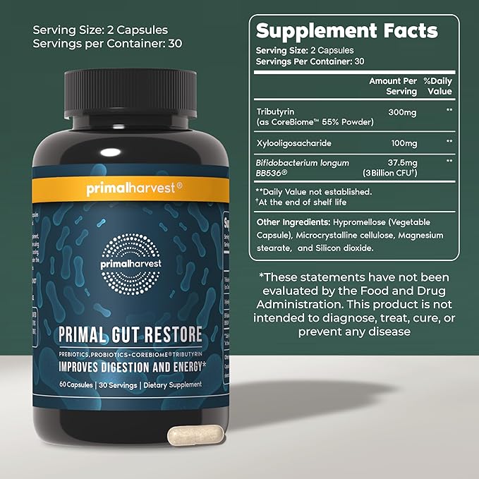 Primal Harvest Restore for Gut Health Primal Gut Restore w/POSTbiotics PREbiotics and PRObiotics for Women and Men 60 CT - Digestion Colon Cleanse Immunity Support - Helps Leaky Gut Repair