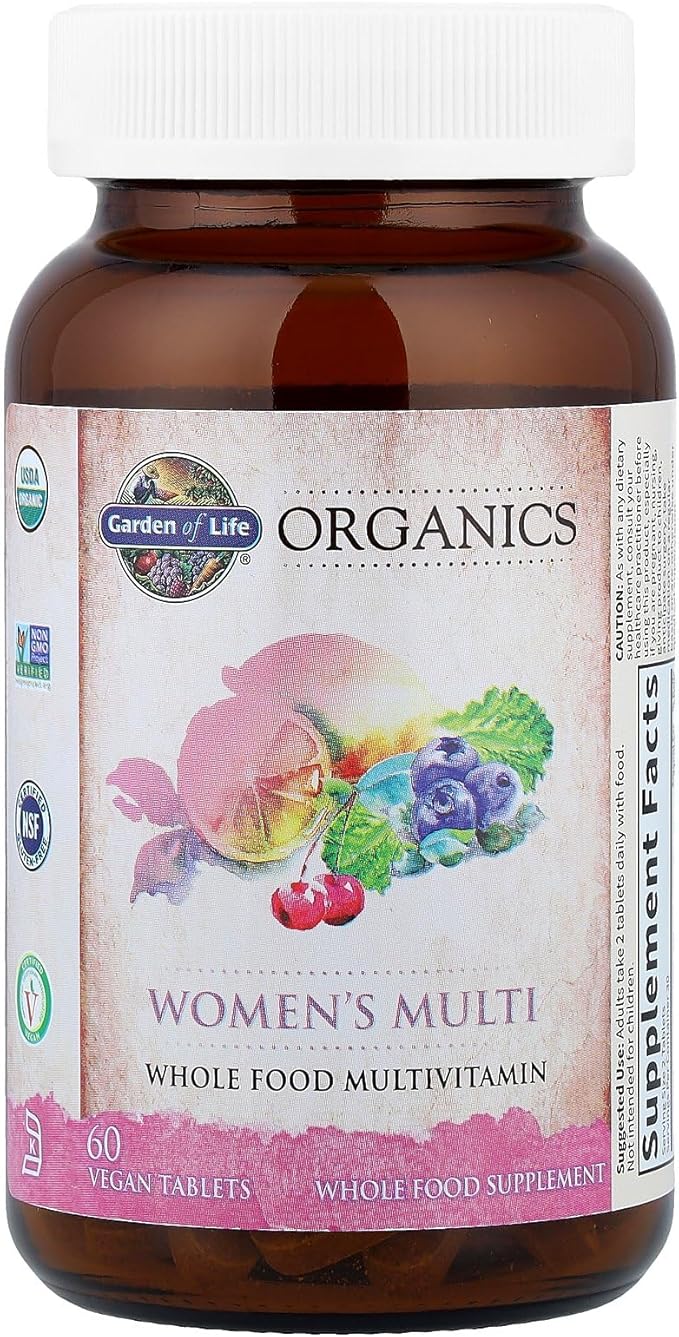 Garden of Life Organics Organic Multivitamin for Women - Womens Multi with Vitamin C D Folate B6 B12 Biotin Iron Vegan Whole Food Vitamins for Women Energy Skin Nails 60 Tablets