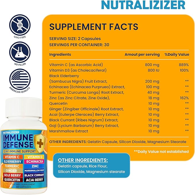 12 in 1 Immune Defense Vitamins - Immune Support Supplement w/VIT D3 Vitamin С Zinс Echinacea Elderberry Ginger &ampMore - Natural Immunity System Booster - Immune &amp Muscle Health 120cs