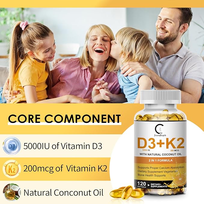Vitamin D3 K2 Supplement with Vitamin D3 5000 IU 200 mcg Vitamin K2 MK-7 &amp Natural Coconut Oil Plant Based 2-1 Formula for Bone Teeth Muscle and Immune Health Support120 Softgel Capsules