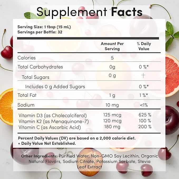 Vida Lifescience Aurora Nutrascience Mega-Liposomal Vitamin D3/K2+ with Vitamin C for Cognitive Health Organic Gluten Free Non GMO Strawberry Flavor 32 Servings 16 fl oz