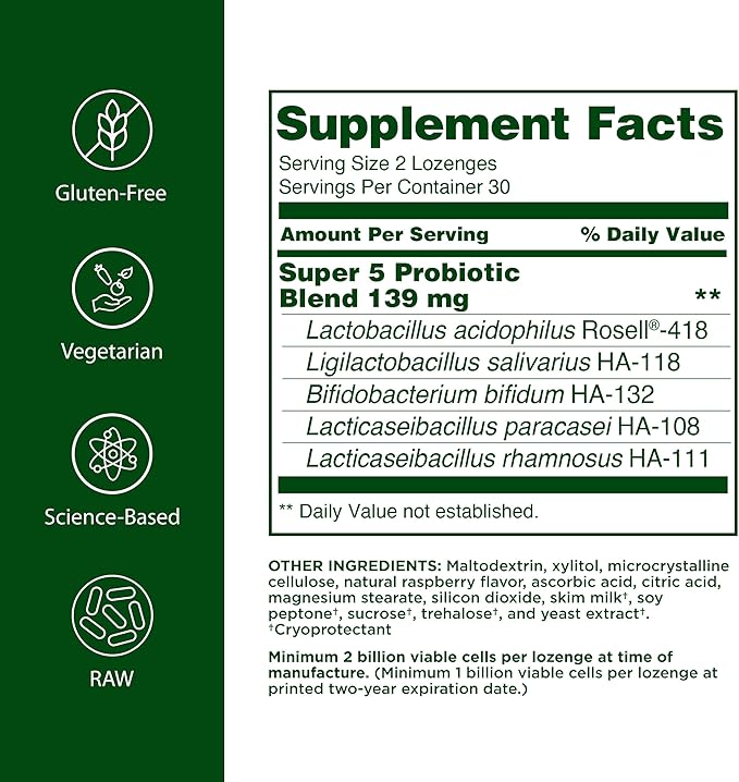 Flora - Super 5 Lozenge Probiotic Raspberry Flavored Oral Probiotic Good for Bad Breath Five Strains with 2 Billion CFU Regain and Retain Gut Health RAW 60 Lozenges