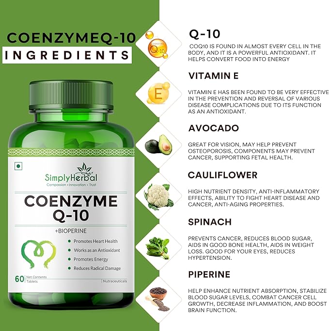 Simply Herbal CoQ10 Natural Coenzyme Q10 Tablets 200mg with Bioperine Antioxidant Supplements Designed for Enhanced Absorption Support for Heart Health and Energy Metabolism - 60 Tablets
