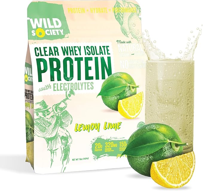 WILD SOCIETY - Clear Protein Powder + Electrolytes - 20g Clear Whey Protein Isolate Drink - Zero Sugar - 0g Lactose - Natural Flavors &amp Colors - Muscle Post Workout Recovery - Lemon Lime 16 oz