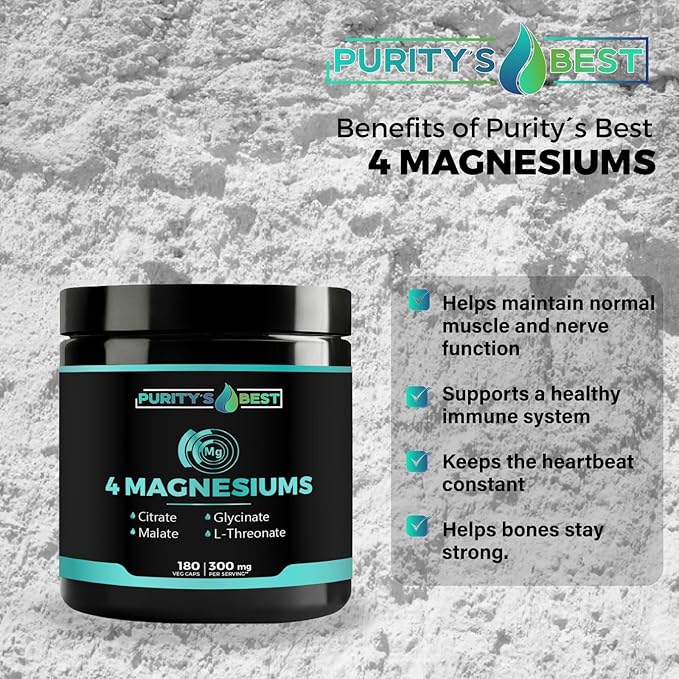 Purity's Best 4 MAGNESIUMS Premium Magnesium Glycinate Malate L-Threonate Citrate 300mg 180 Veggie Capsules Third Party Tested 3 Months’ Supply Muscle Energy Nerve and Cognition Support
