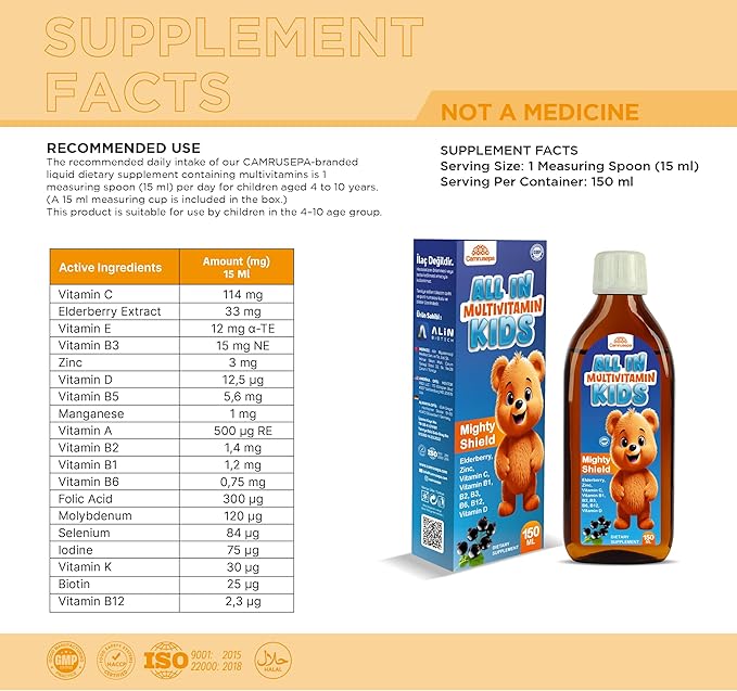 All in Multivitamin Kids Syrup – Black Elderberry Flavored Inositol Zinc Vitamin C Daily Liquid Multivitamin for Kids Immune Growth Appetite Energy – 150 ml / 5 fl oz