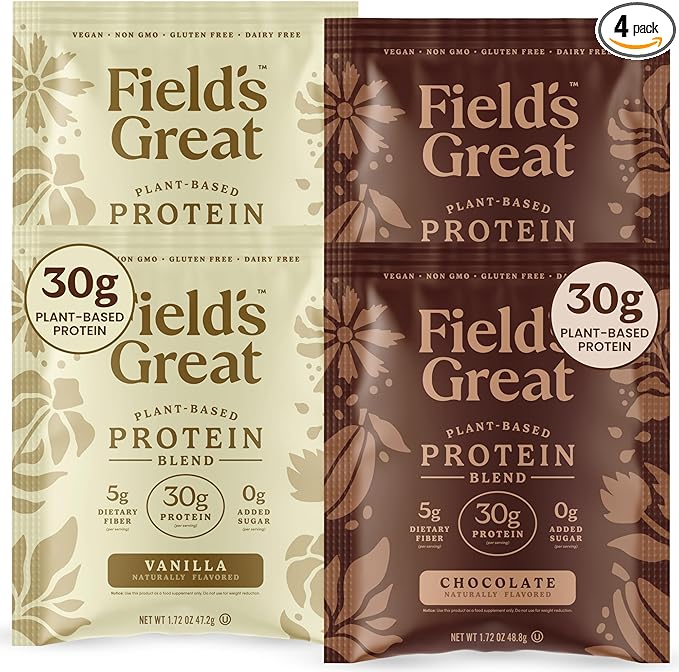 Field's Great Plant-Based Protein with Fiber for Muscle Maintenance Vegan Protein Powder Whey Free Gluten Free Dairy Free - 30g of Protein and 5g Fiber in Each Serving - 4 Servings (Variety)