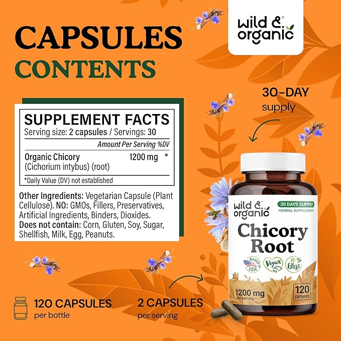 Wild &amp Organic Chicory Root Fiber Capsules - 1200 mg of Chicory Root Powder per Serving - Digestive &amp Gut Support - Inulin Prebiotic Fiber Supplement - Non-GMO Vegan Inulin Capsules - 120 Cou