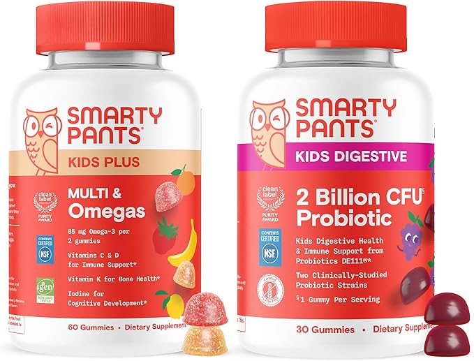 SmartyPants Kids Daily Nutrition &amp Probiotic Bundle: Multivitamin + Probiotic Gummies with 2 Billion CFU Omega-3 Vitamins D3 &amp B12Digestive &amp Immune Support Gluten Free 60 &amp 30 Co