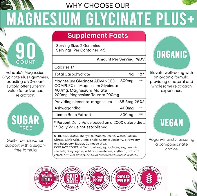 Adndale 180 CT Magnesium Glycinate Gummies 400 mg/Serv with Ashwagandha Magnesium Malate &amp Taurate Sugar Free Chews for Adults &amp Kids