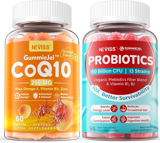 NEVISS Sugar-Free CoQ10-250mg / 500mg Filled Gummies +Sugar Free Probiotics Gummies