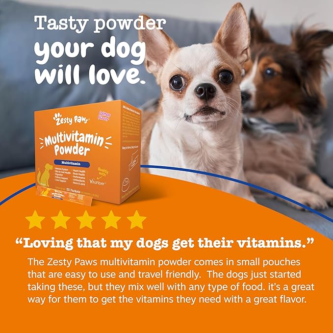 Zesty Paws 10-in-1 Dog Multivitamin - Gut Immune Joint Skin &amp Coat Support and More - Dog Vitamins and Supplements Powder - Pet Supplements with Omega Fish Oil &amp VitaFiber - Salmon - 30 Ct