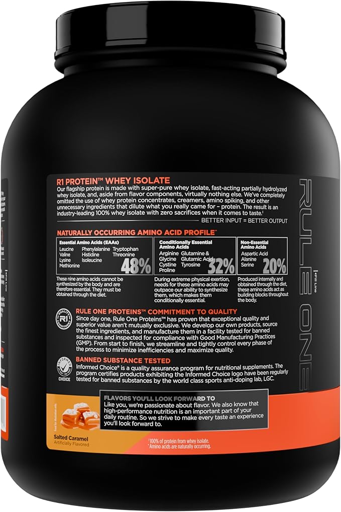 Rule 1 R1 Protein Whey Isolate - with 25g Protein &amp 6g BCAA Exclusively from Isolated &amp Hydrolyzed Sources for Workout Recovery (5 Pounds* Salted Carmel)