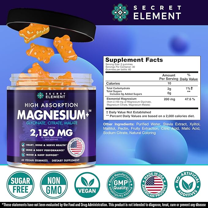 Magnesium Glycinate 2150MG Gummies for Women and Men High Absorption Magnesium Glycinate Citrate Malate Gummies for Adults &amp Kids Sleep Support Sugar Free Vegan 60 Chews Orange