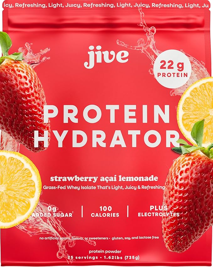 Jive Clear Protein Powder - 22g Grass-Fed Whey Isolate 25 Servings - Strawberry Acai Lemonade - 895mg of Electrolytes - Zero Added Sugar - Clear Drink Protein Water &amp Juice