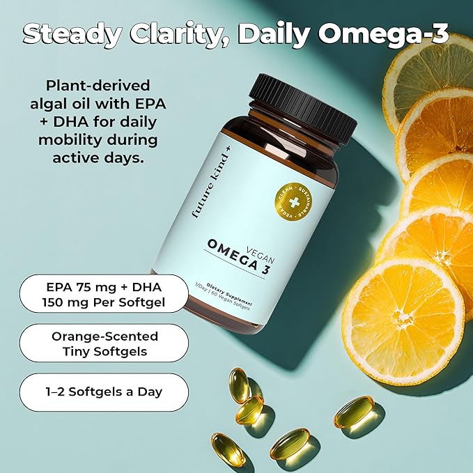 Future Kind Omega-3 Supplement for Clarity Memory and Mobility Comfort 2 Months Supply of Citrus-Scented Softgels with EPA and DHA Vegan Omega-3 Supplement from Algae Carrageenan Free 60 Count